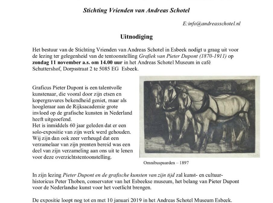 Uitnodiging Lezing ter gelegenheid van de tentoonstelling Grafiek van Pieter Dupont (1870-1911)